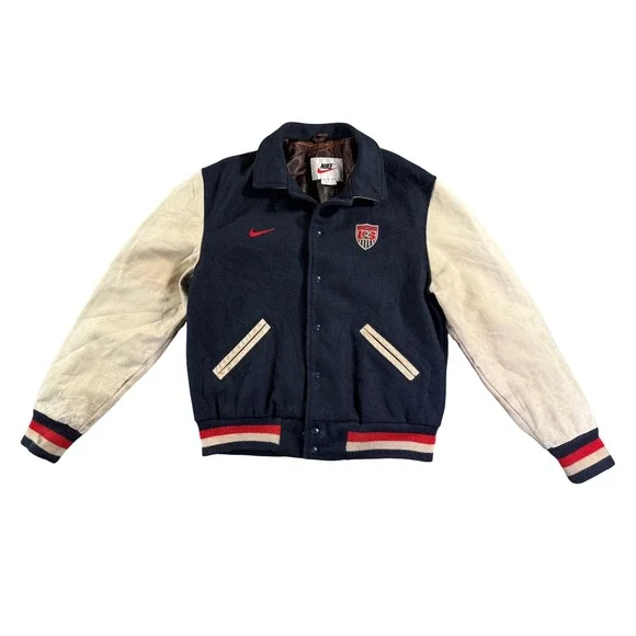 Vintage Nike US Soccer Varsity Jacket Mens Small Navy Blue Wool Leather Sleeves - Picture 1 of 16